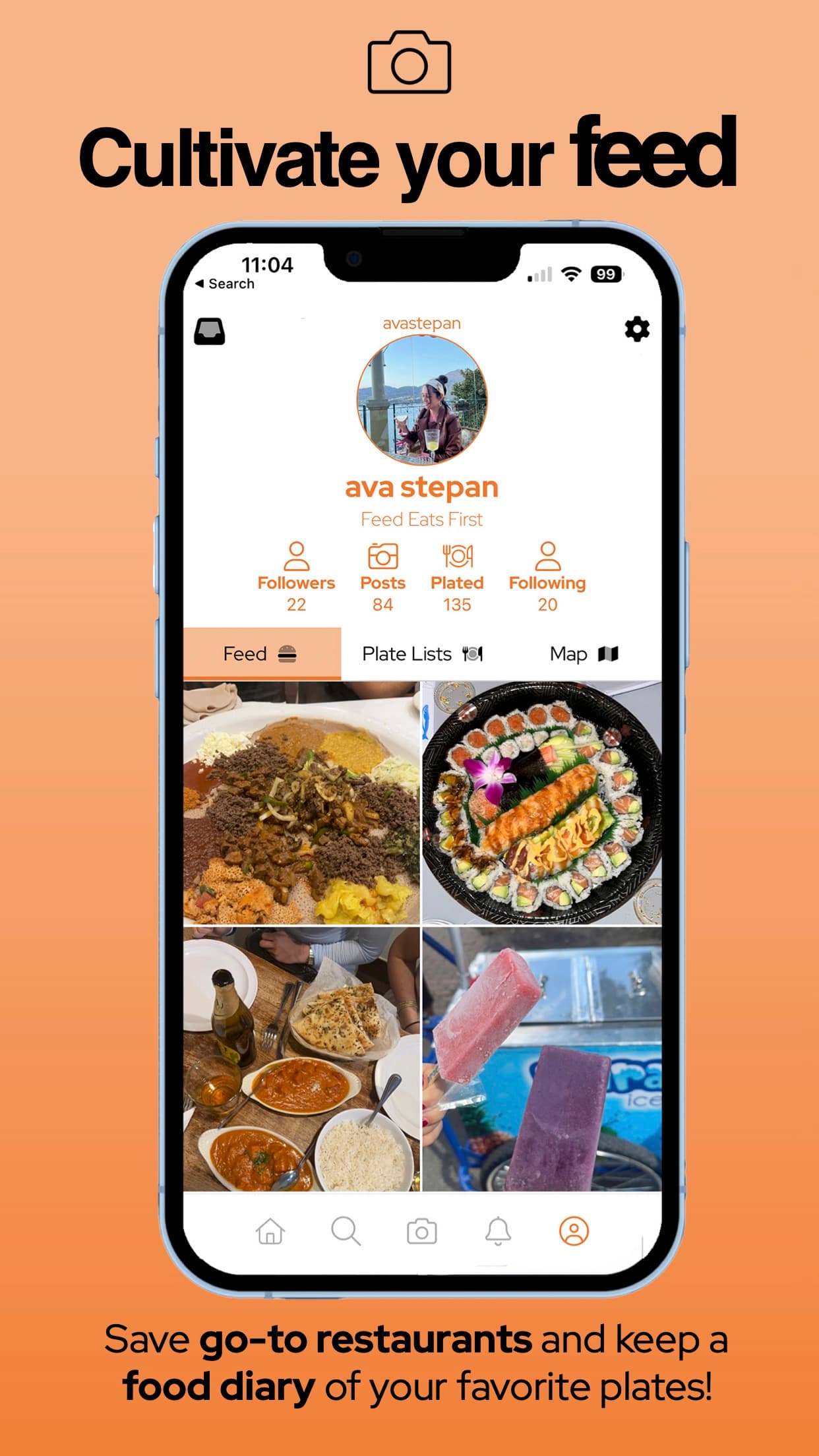 Cultivate your feed — save go-to restaurants and keep a food diary