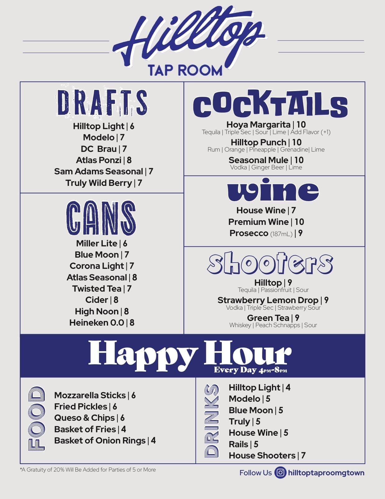 Hilltop Tap Room drink menu design