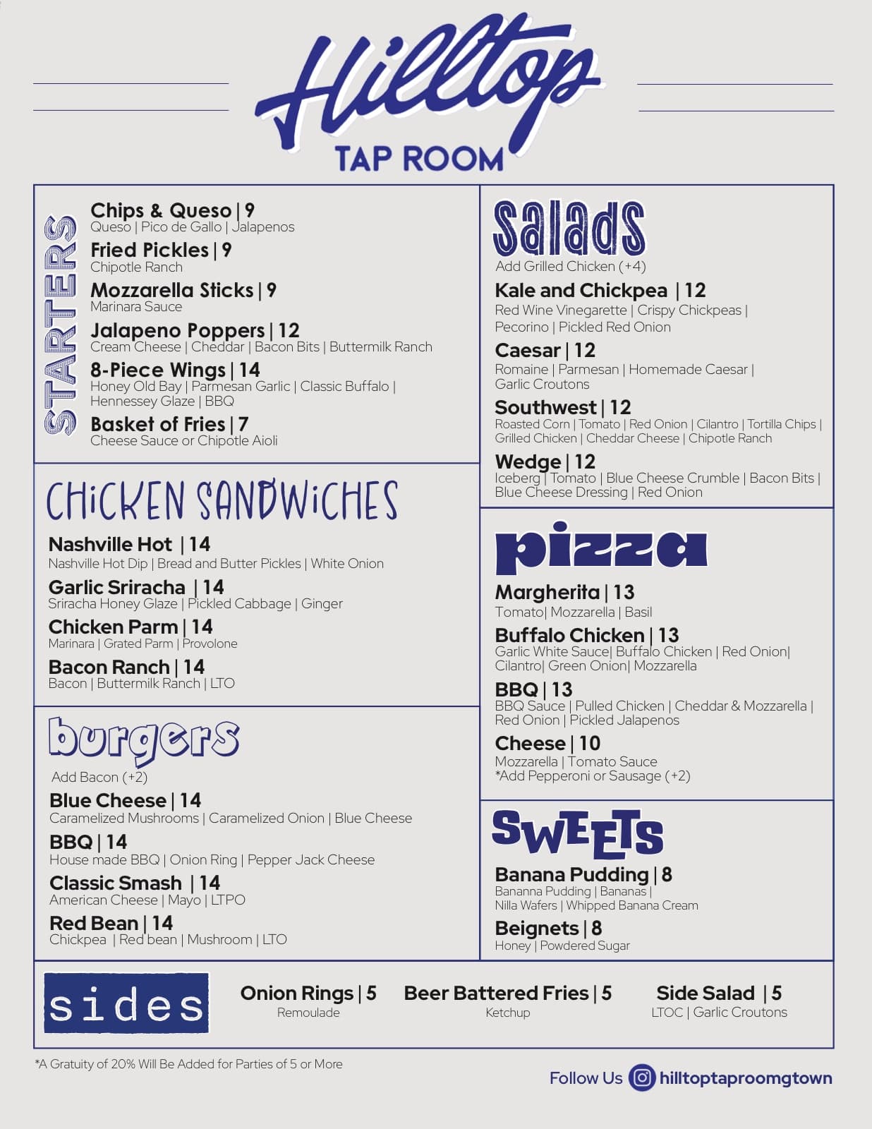 Hilltop Tap Room food menu design